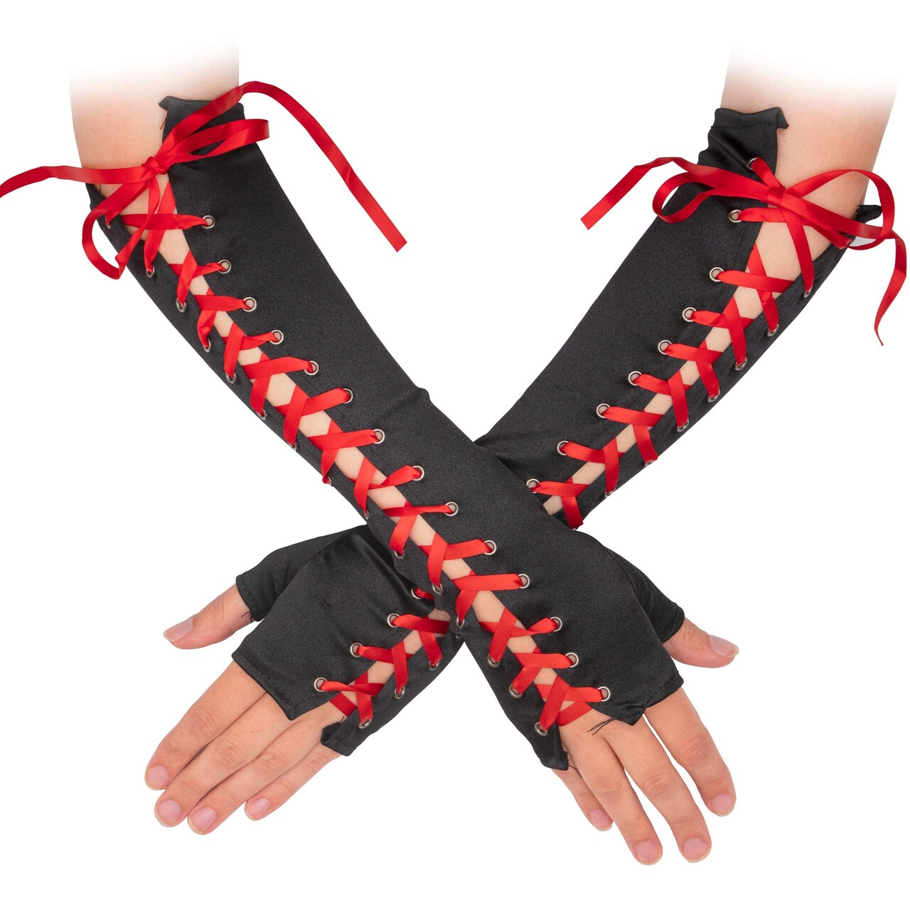 Fingerless Lace Up Gloves - Long Black Costume Elbow Arm Warmer Accessories with Red Satin Laced Tie for Dress Up